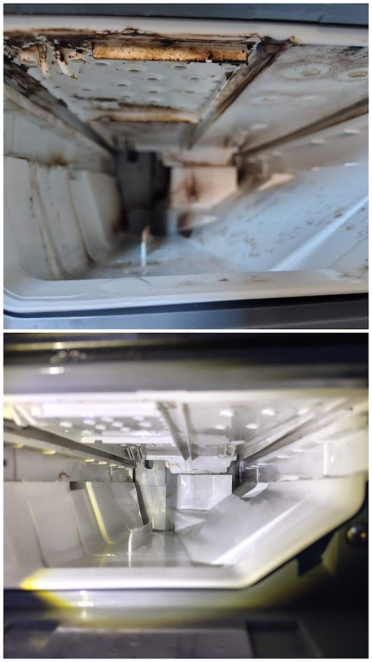 Washer soap dispenser housing caked with residue, then cleaned
