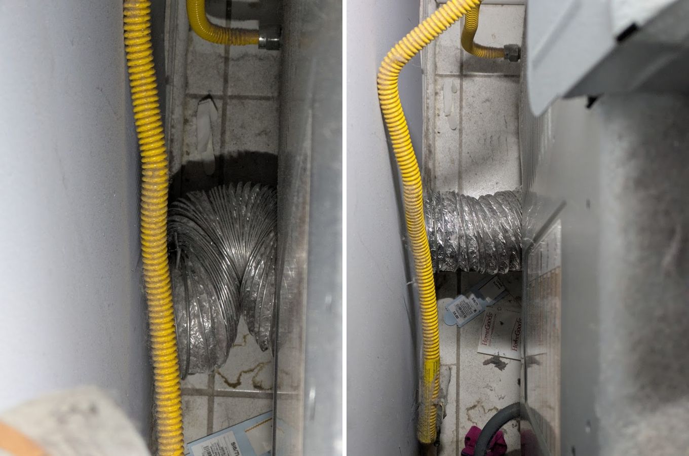Crushed dryer vent hose behind the machine, then fixed