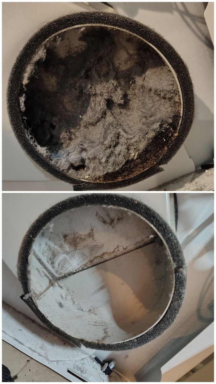 Dryer vent packed with lint: before and after