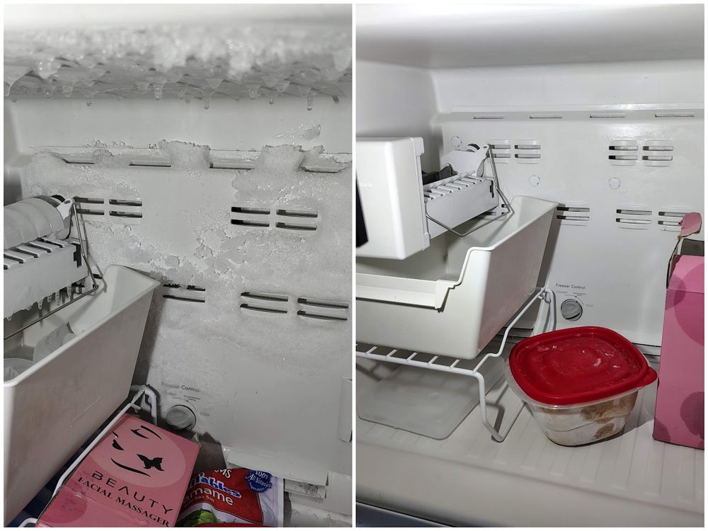 Freezer wall covered in frost, then clear after the repair