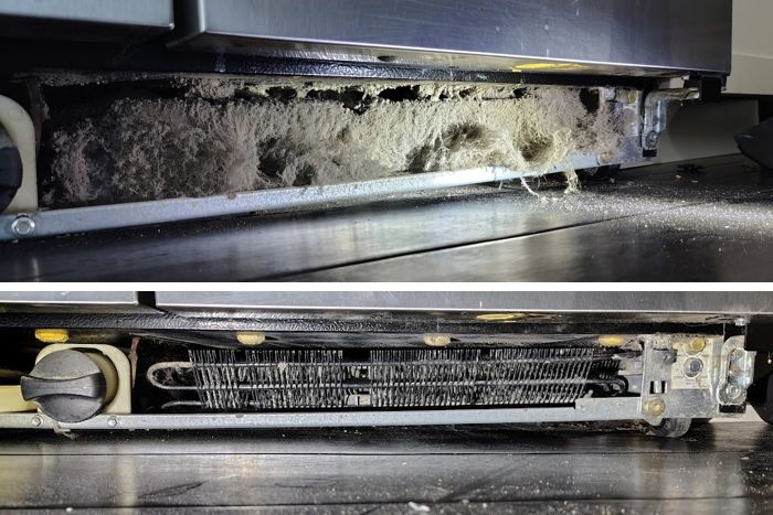 Refrigerator condenser coils caked in dust, then cleaned