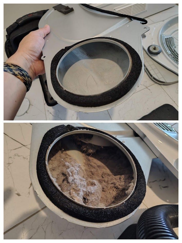 Dryer lint trap housing removed, packed with lint