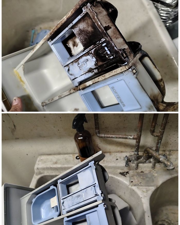 Washer detergent dispenser: before and after cleaning